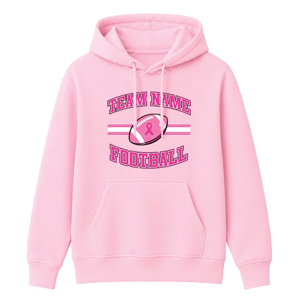 Pink football breast cancer awareness design featuring a football with a pink ribbon, customizable team name, and varsity-style "Football" text.