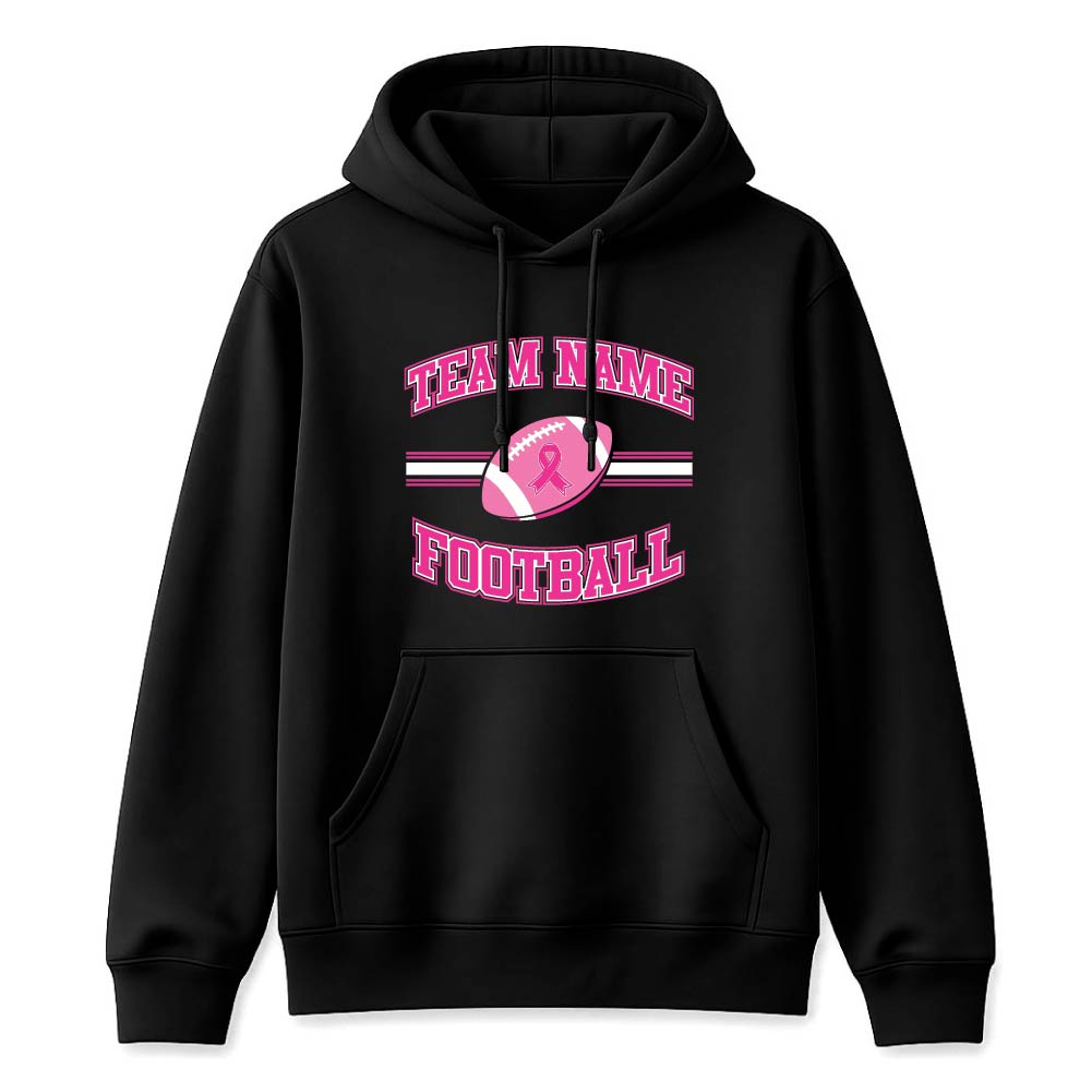 Pink football breast cancer awareness design featuring a football with a pink ribbon, customizable team name, and varsity-style "Football" text.