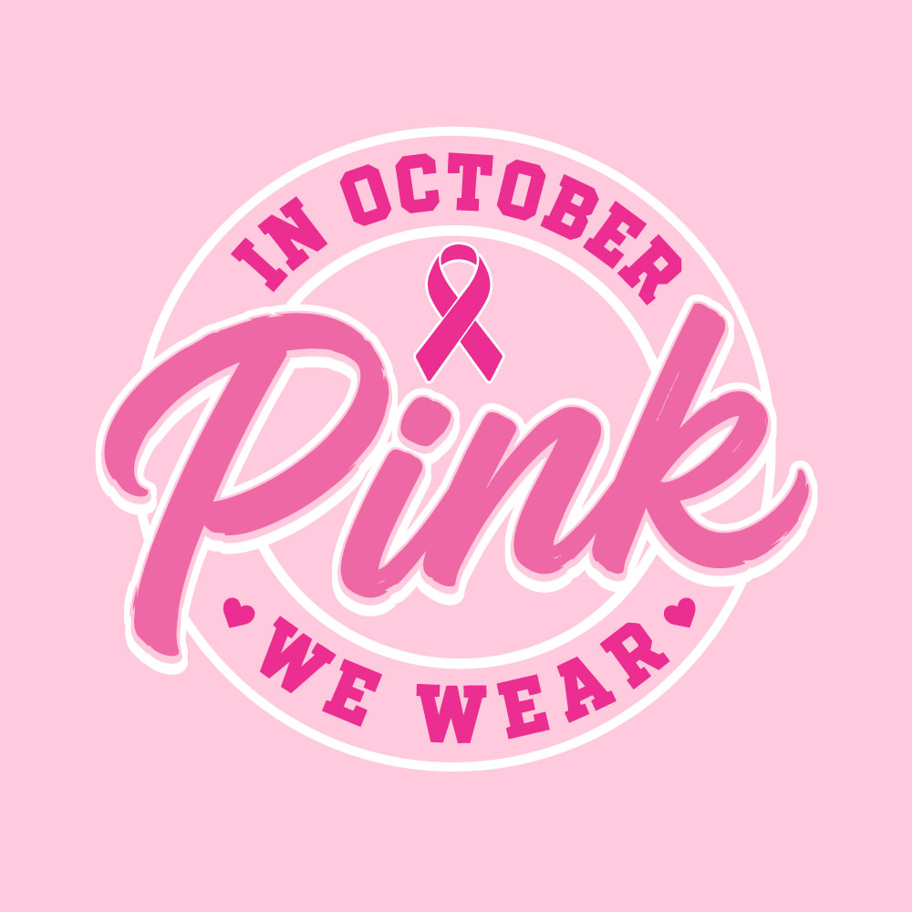 Circular "In October We Wear Pink" breast cancer awareness design featuring a pink ribbon and bold script lettering for custom Pink Out shirts and fundraiser apparel.