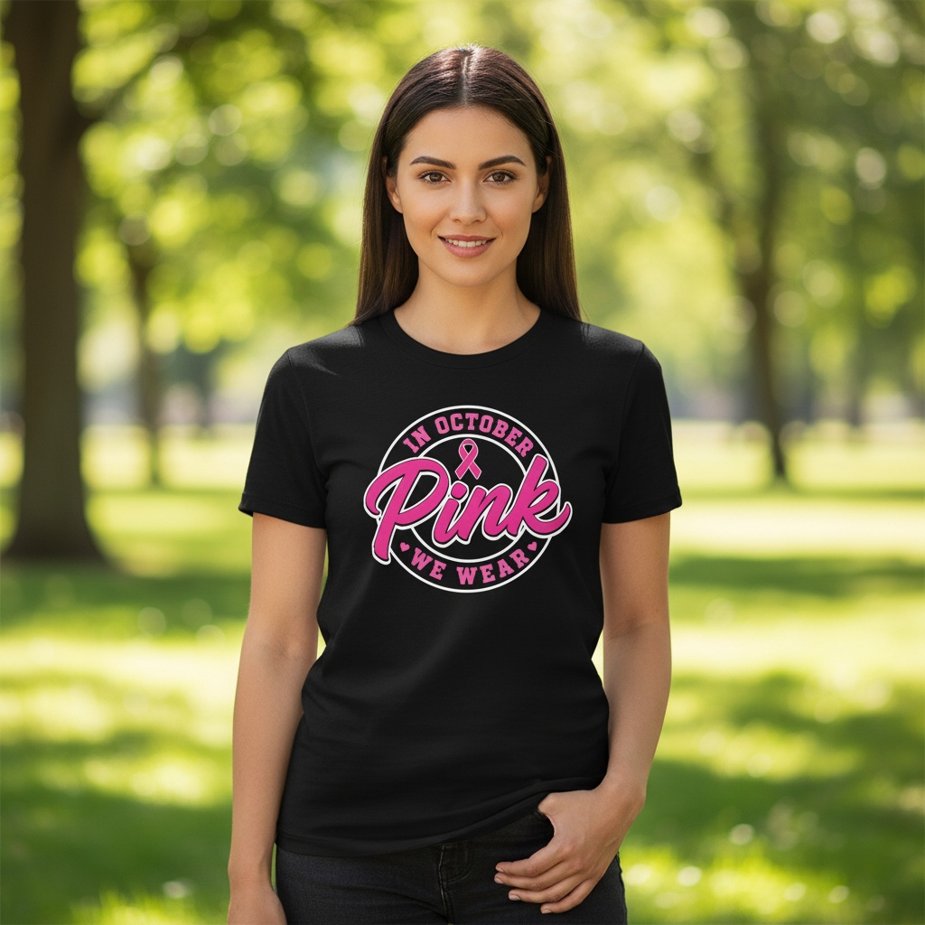 Circular "In October We Wear Pink" breast cancer awareness design featuring a pink ribbon and bold script lettering for custom Pink Out shirts and fundraiser apparel.