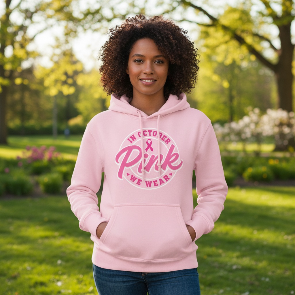 Smiling woman stands in a park wearing a light pink hoodie with a breast cancer awareness logo that reads 'In October Pink We Wear'. Hands in pockets.